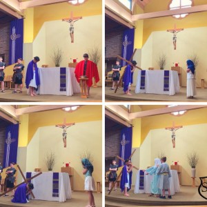 The first four Stations of the Cross as a living tableau by our 4th graders.